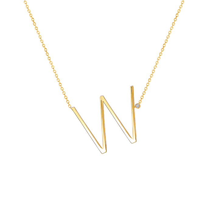 Necklace Letter W Savicki: gold-plated silver, white sapphire