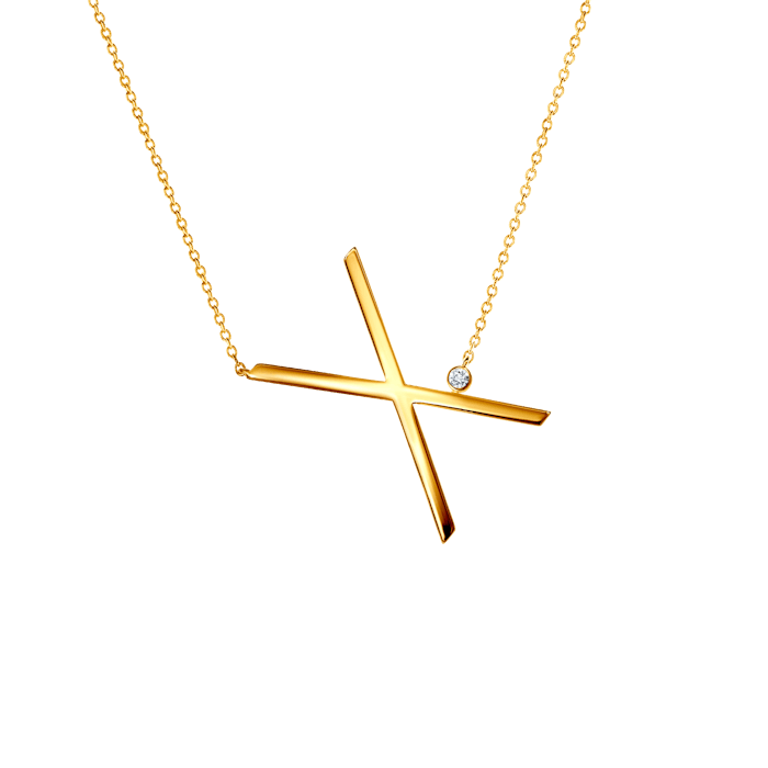 Necklace Letter X Savicki: gold-plated silver, white sapphire