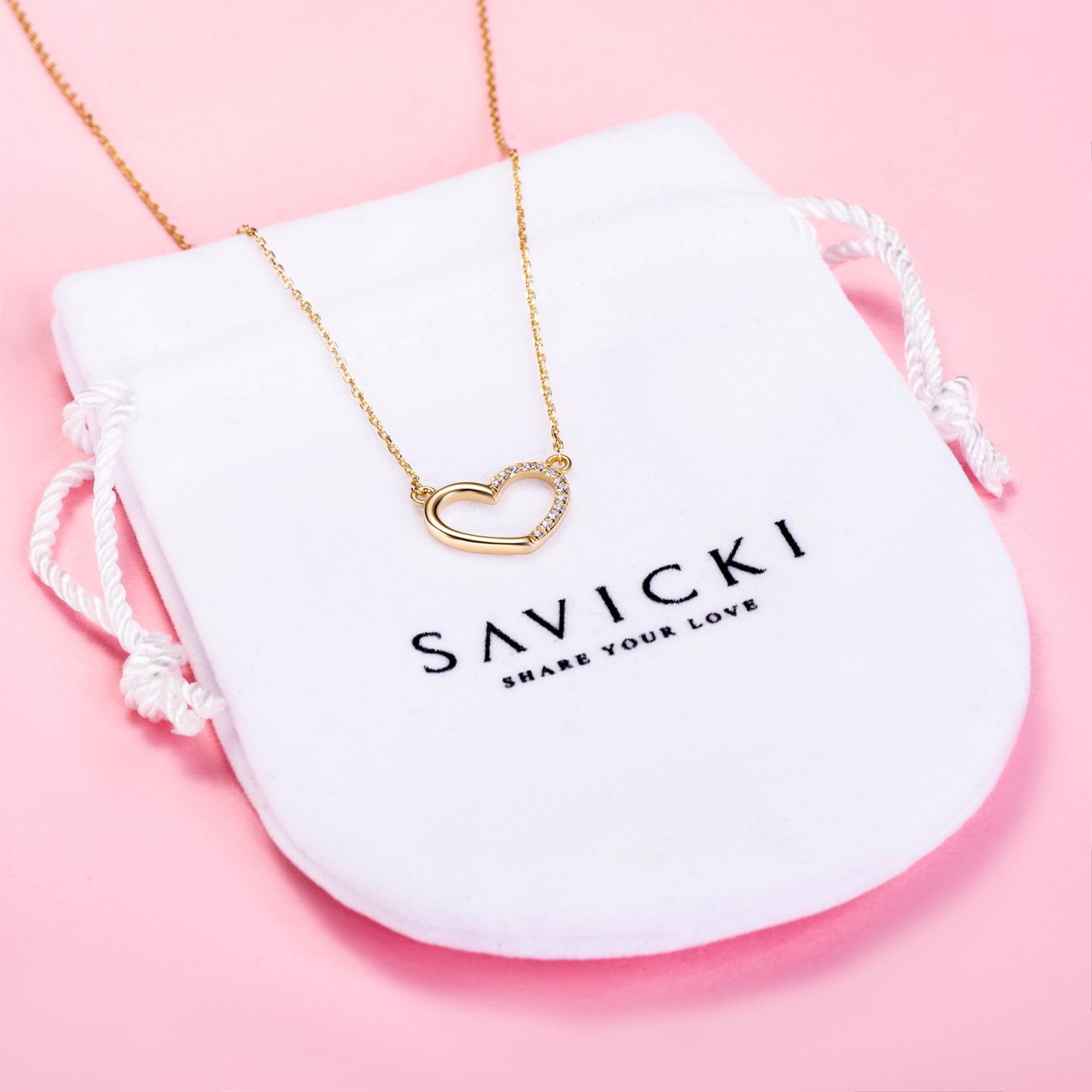 Naszyjnik celebrytka serce Savicki: srebrny pozłacany, cyrkonie - 4
