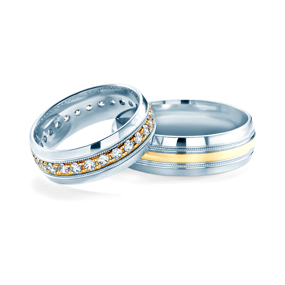 Snubní prsteny: dvoubarevné zlato, půlkulaté, 6,5 mm