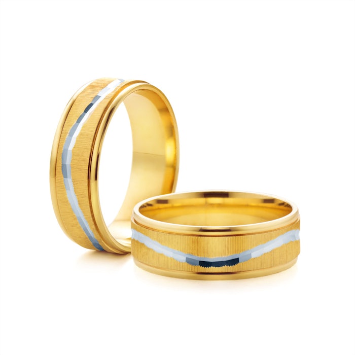 Snubní prsteny: dvoubarevné zlato, ploché, 6 mm