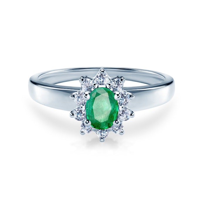 Halo Engagement Ring: white gold, emerald, diamonds