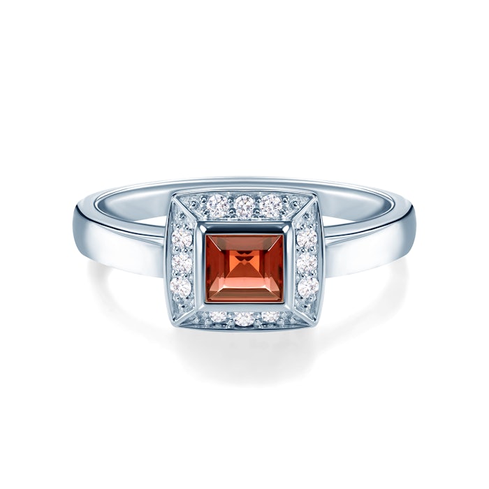 Halo Engagement Ring: white gold, grenade, diamonds