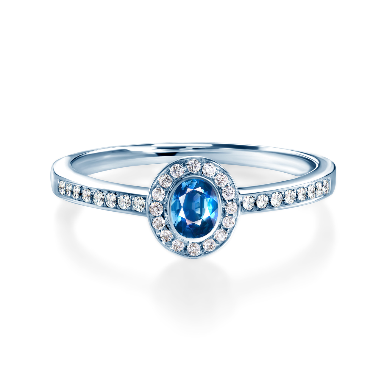 Pierścionek zaręczynowy SAVICKI: białe złoto, niebieski szafir, diamenty