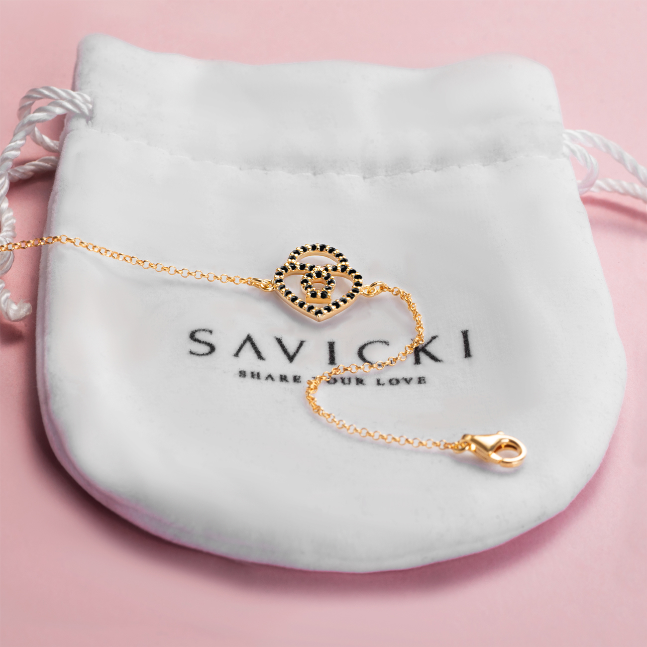 Bransoletka celebrytka serce kłódka Savicki: złota, czarne diamenty - 3
