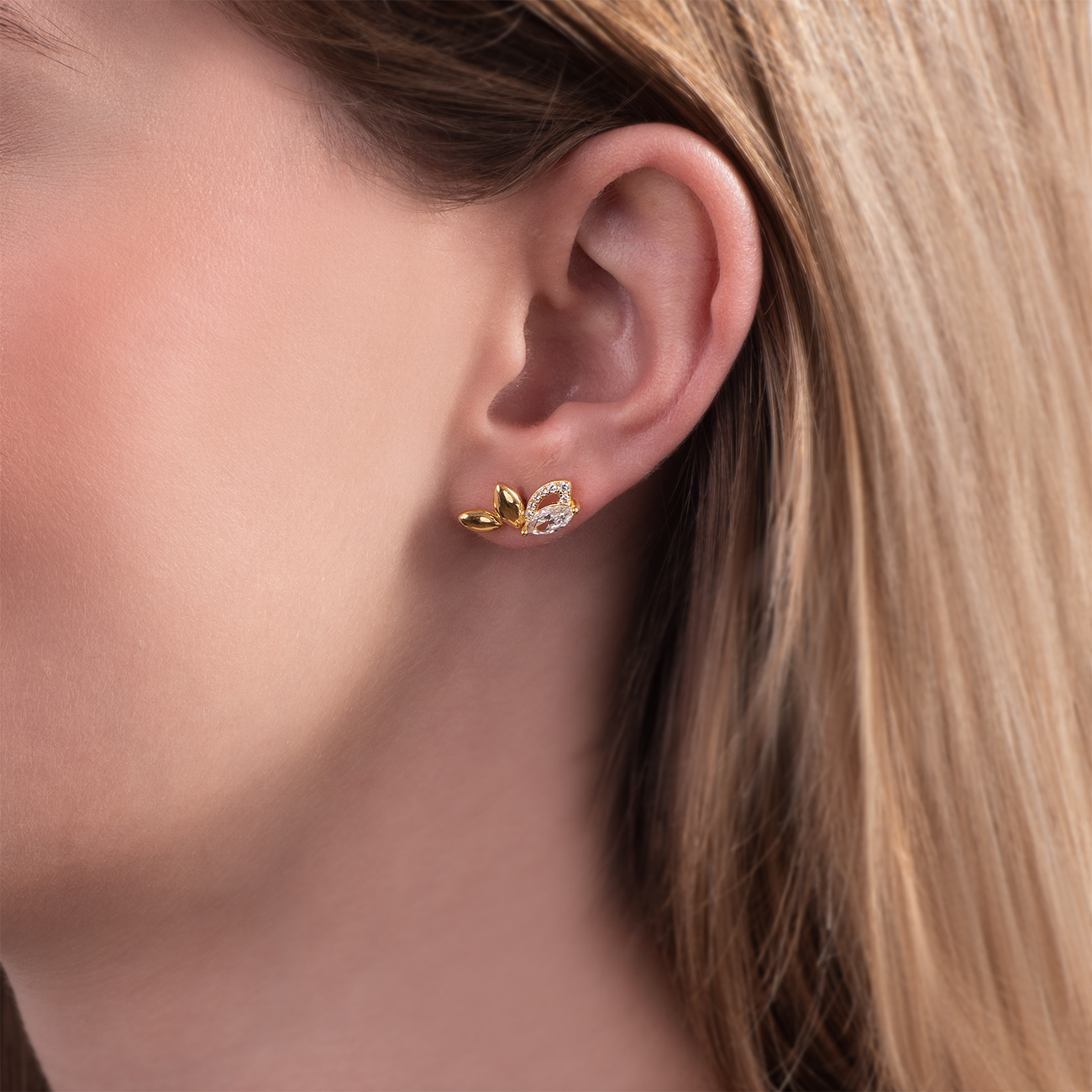 Kolczyki listki Nature: srebrne pozłacane, cyrkonie