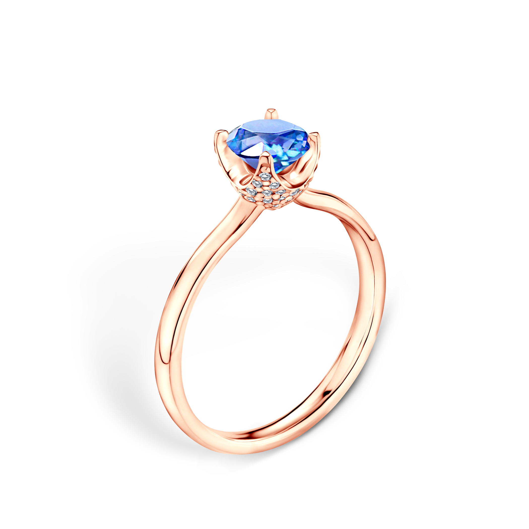 Pierścionek zaręczynowy SAVICKI: różowe złoto, niebieski szafir