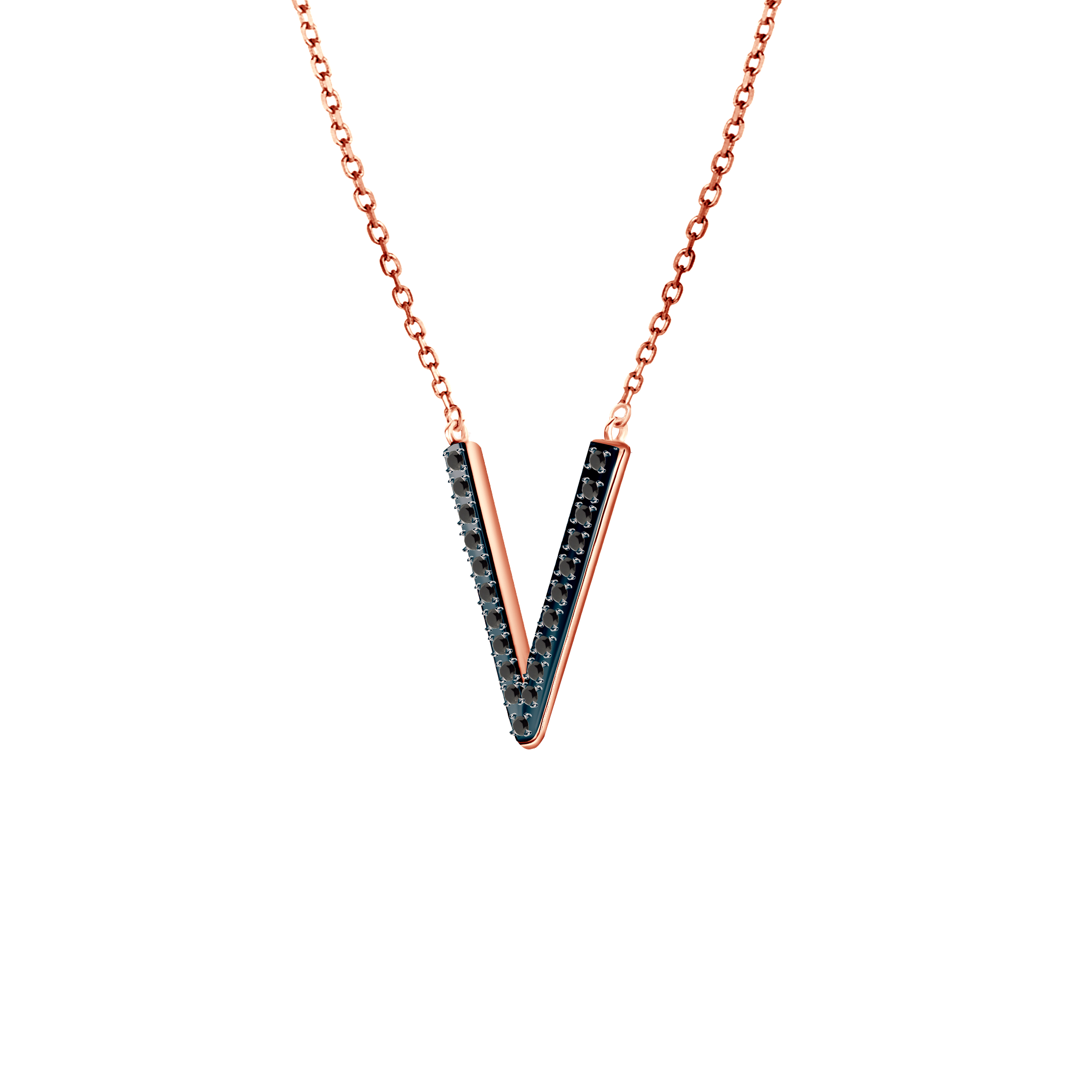 Naszyjnik litera V Savicki: różowe złoto, czarne diamenty - 3